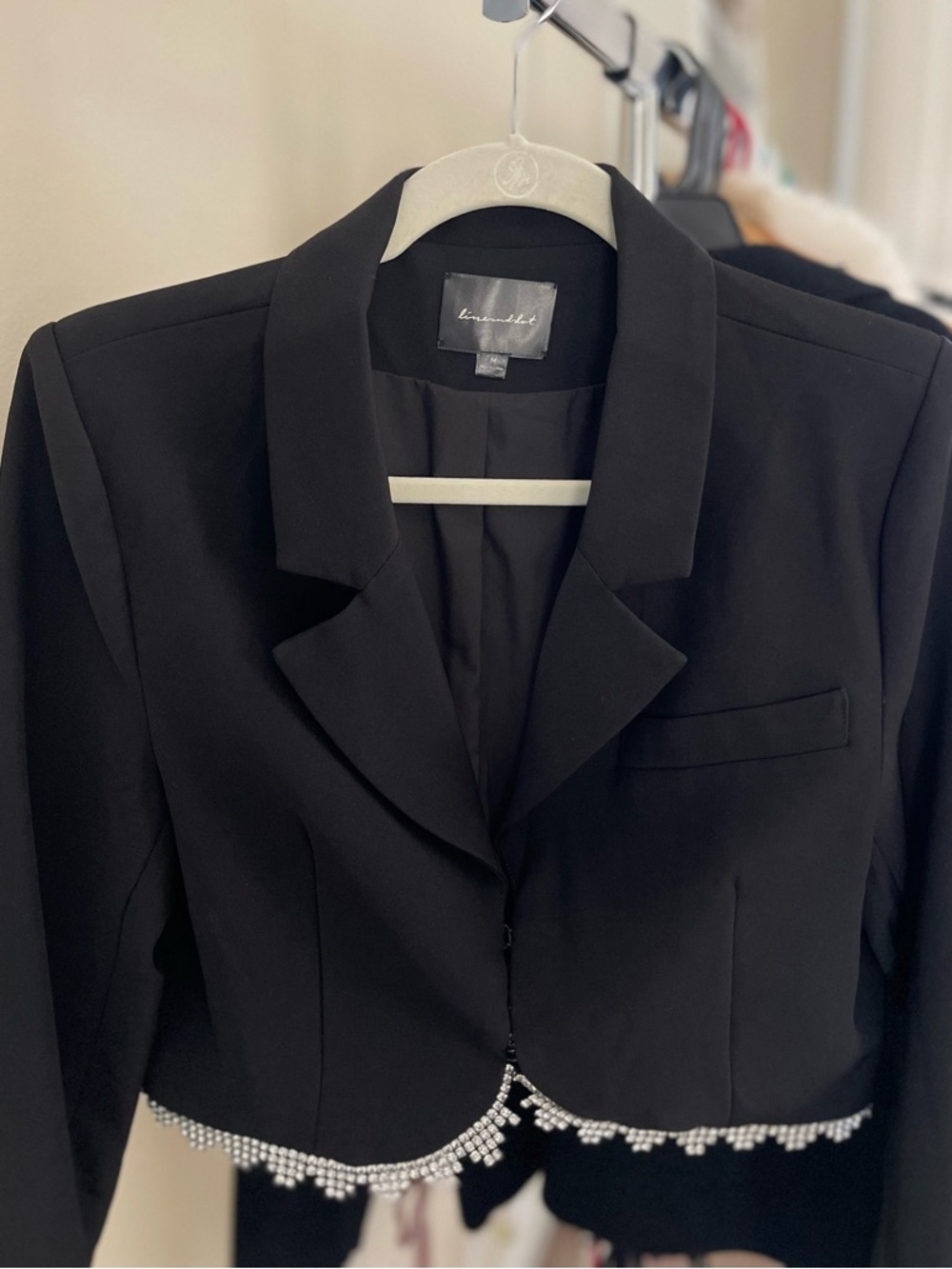 Line and dot- Vaughn Cropped Blazer with Beaded Hem